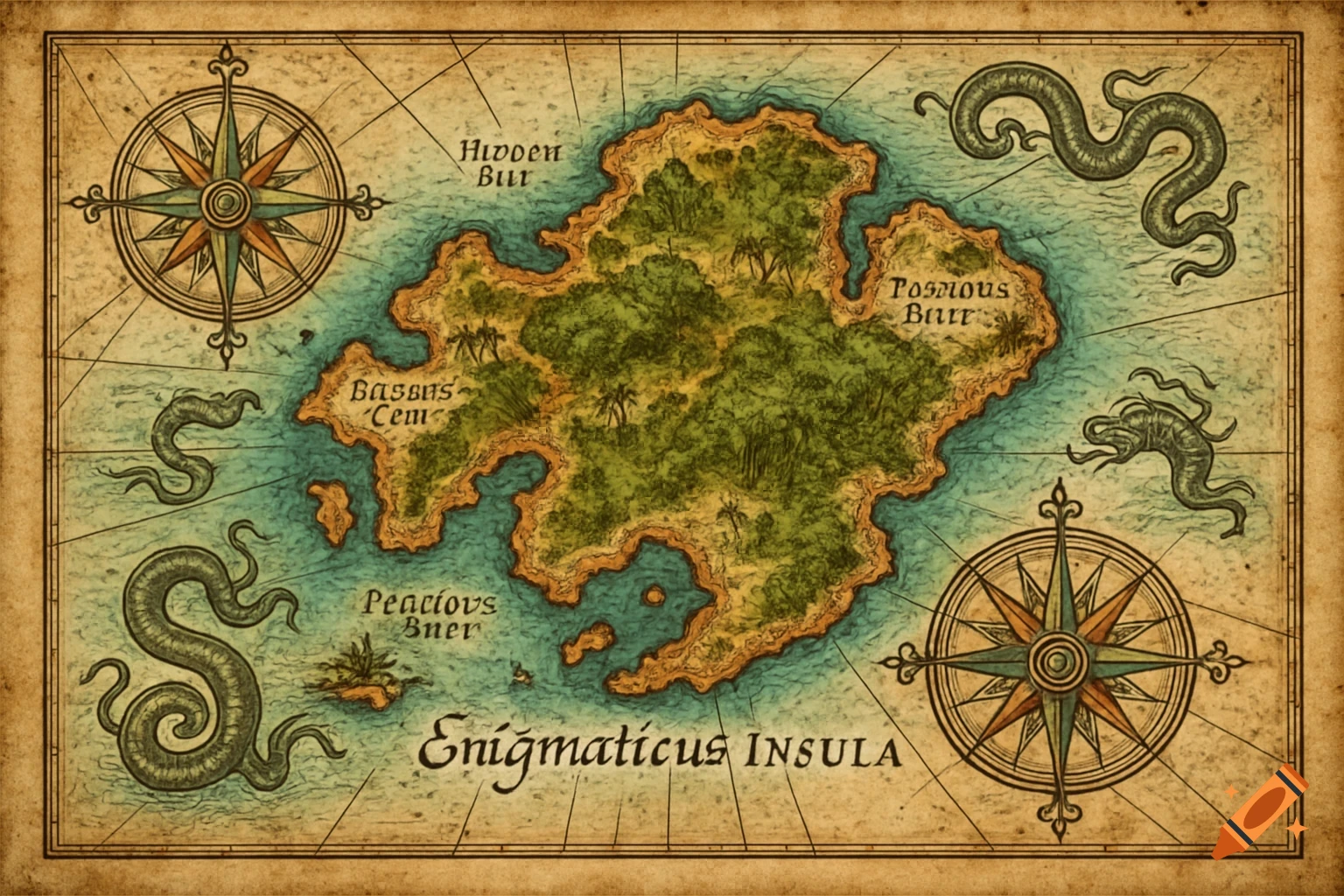 An antique-style nautical map of a tropical island, featuring compass roses and sea monsters in the surrounding ocean.