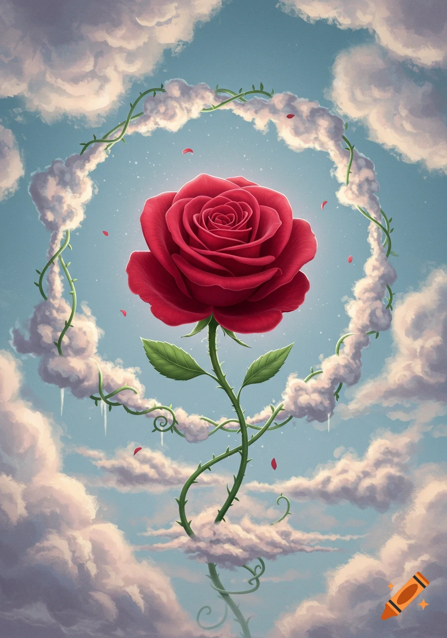 A vibrant red rose with a long thorny stem intertwined with white clouds, forming a circle in a light blue sky, with scattered red petals.