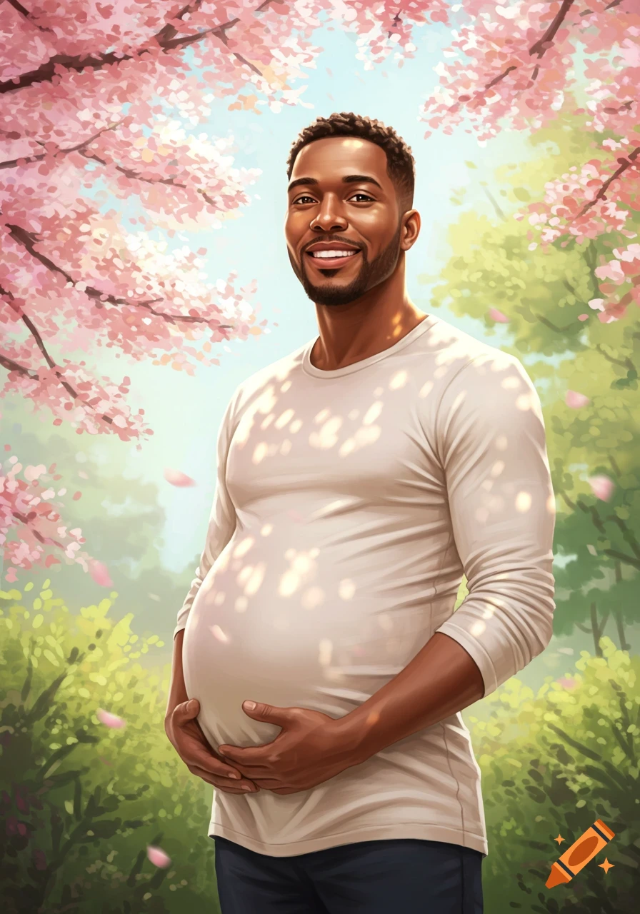 A smiling pregnant man stands in a vibrant park with pink cherry blossoms overhead.