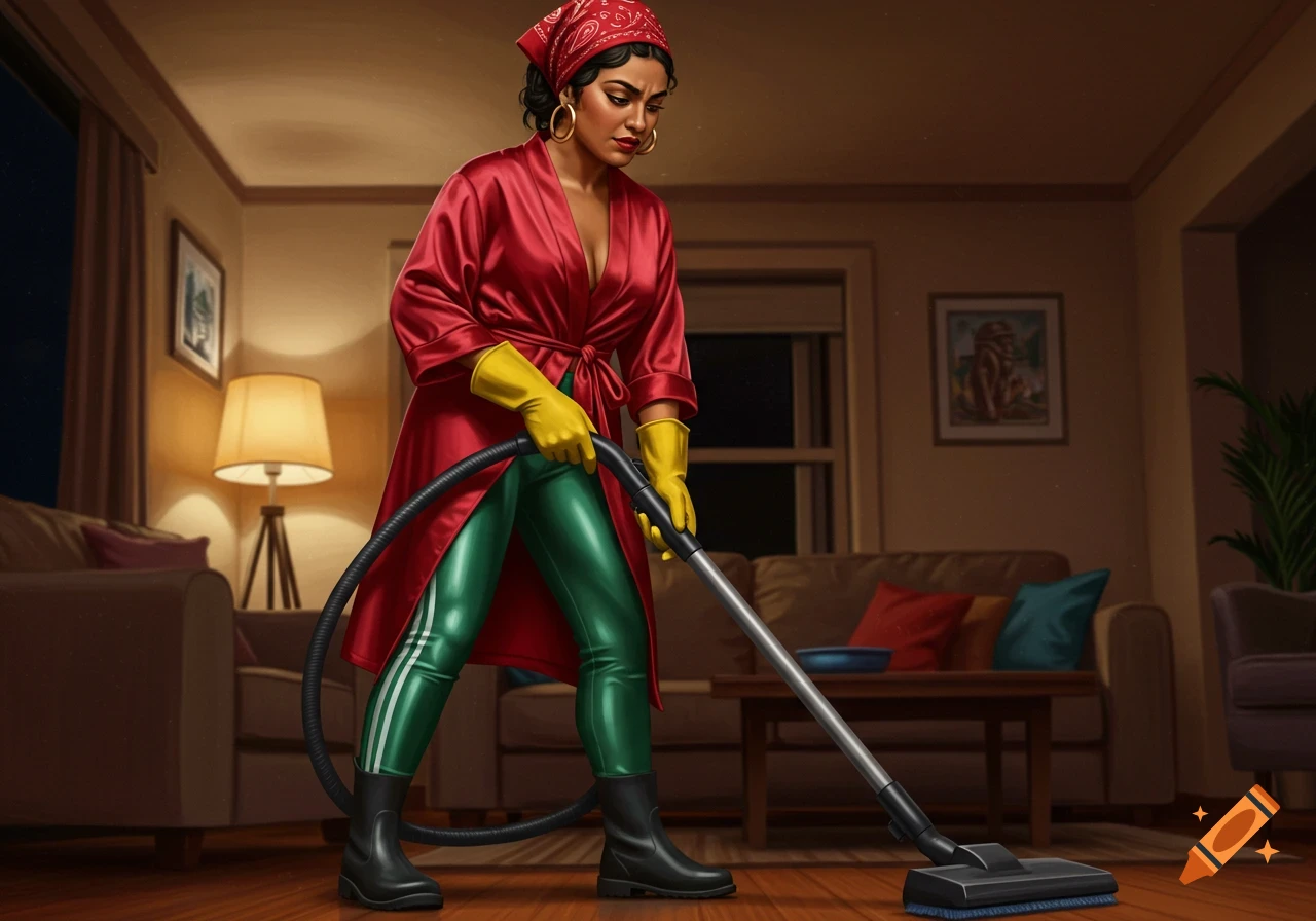 An illustration of a Hispanic Latin woman in a red robe and green yoga pants, wearing a red bandana and yellow gloves, vacuuming a living room.