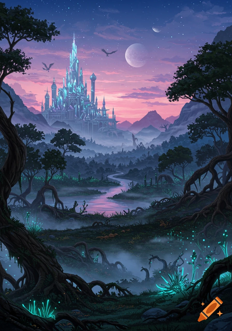 A vibrant fantasy digital painting of a glowing crystal castle overlooking a magical forest with a river, under a twilight sky with two moons.