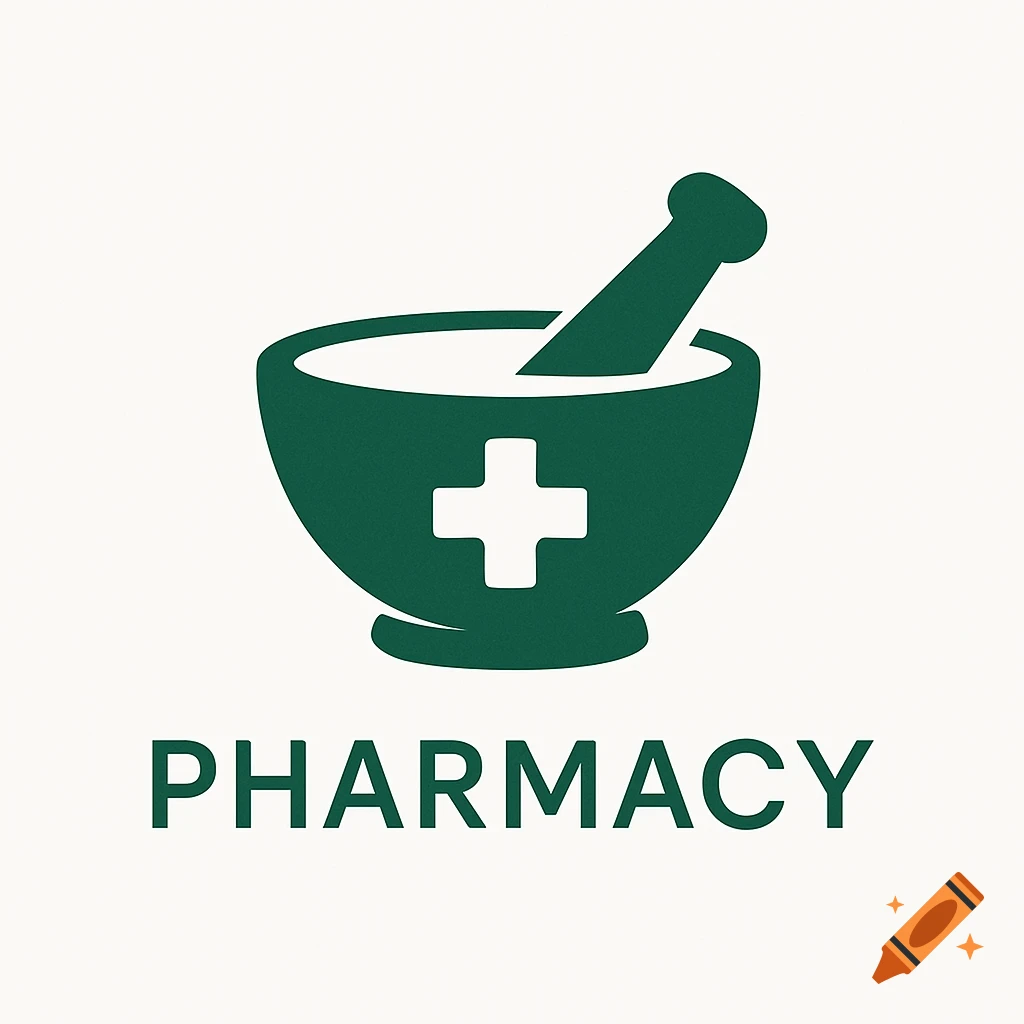 Minimalist green pharmacy logo with a mortar, pestle, and a medical cross, with 'PHARMACY' text below.