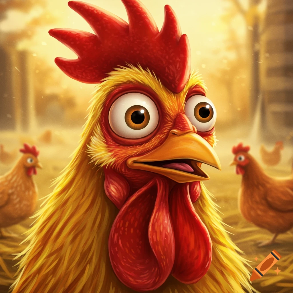A cartoonish, surprised rooster with wide eyes looks forward, with other chickens in the blurry background on a farm.