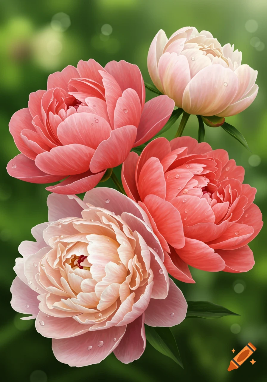 Close-up of three pink and white peonies with water droplets on their petals, against a blurred green background.
