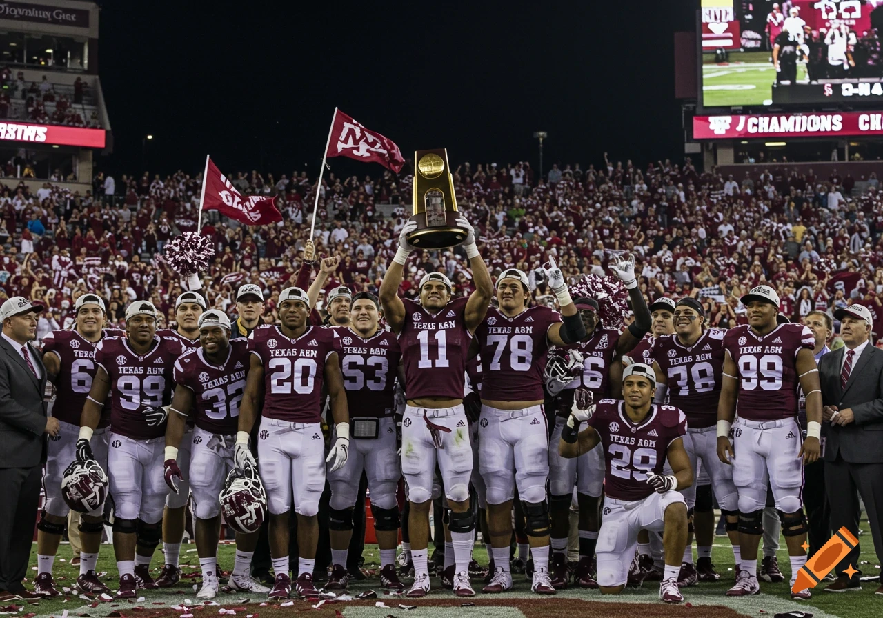 Texas A&M Aggies football team celebrates winning a championship, holding the trophy on the field at night with fans in the stands.
