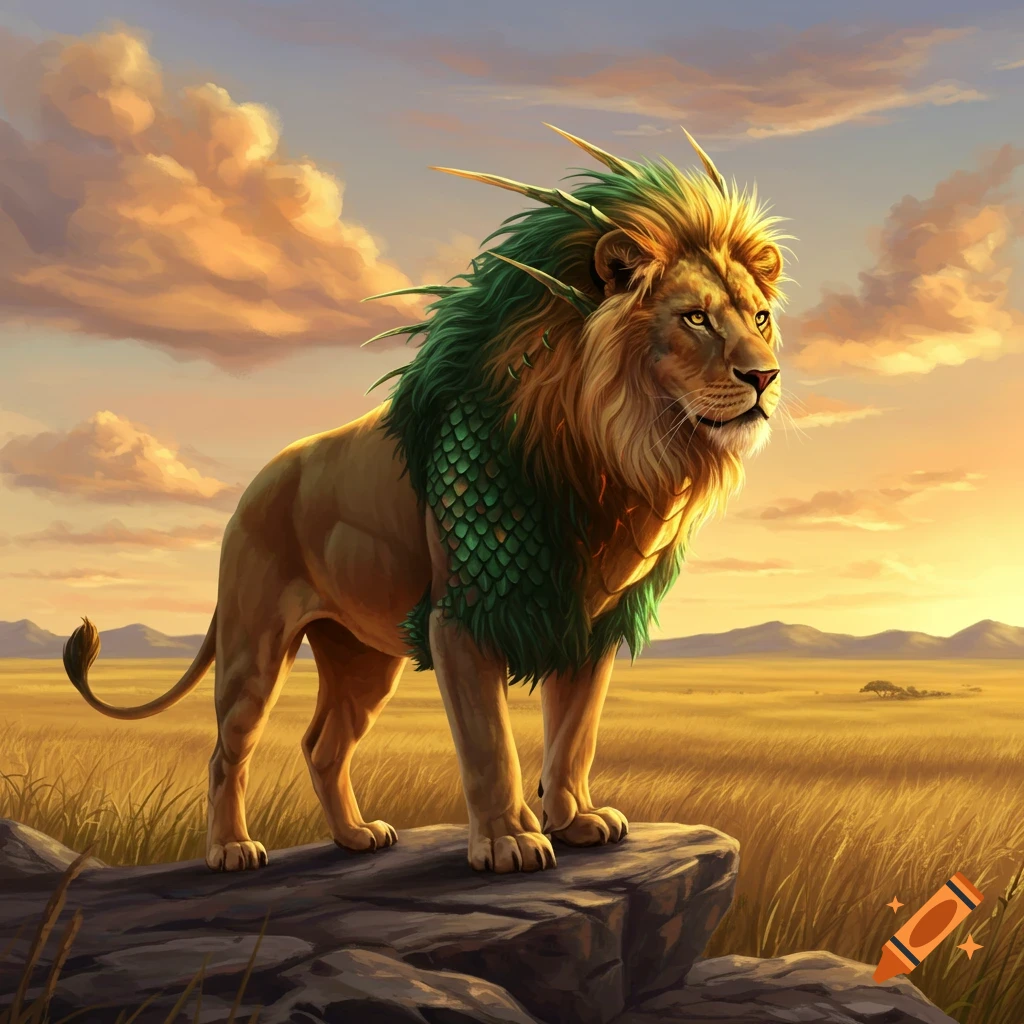 A majestic lion with a green, scaly dragon's mane stands on a rock in a golden savanna at sunset.
