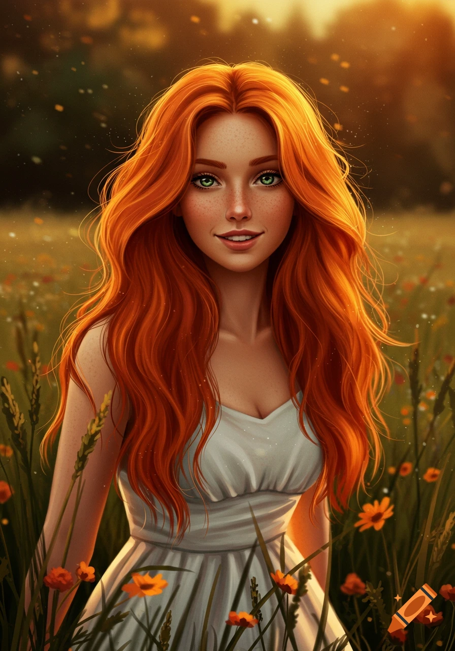 A smiling redhead woman with long, vibrant hair and green eyes, standing in a sunlit field of tall grass and orange wildflowers, digital art.