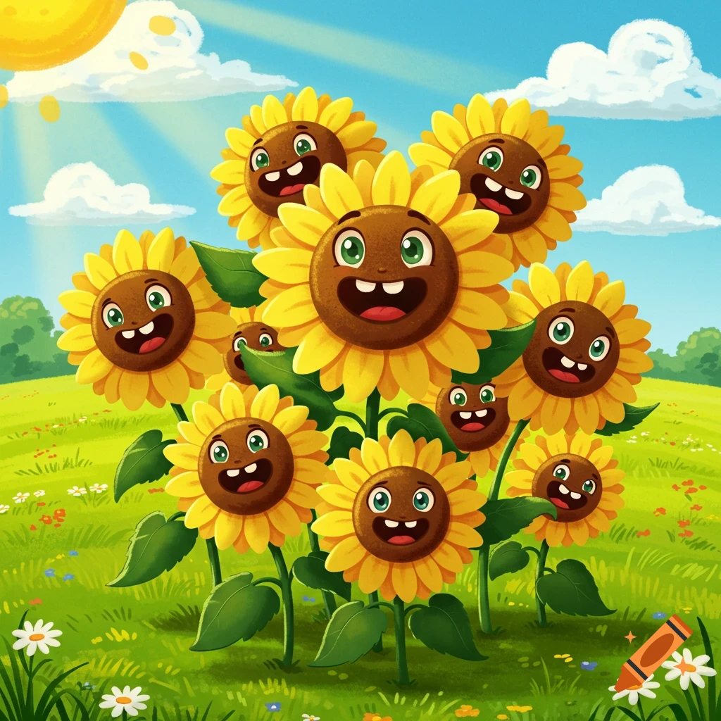 A bright cartoon illustration of many smiling sunflowers with happy faces in a sunny green field under a blue sky.