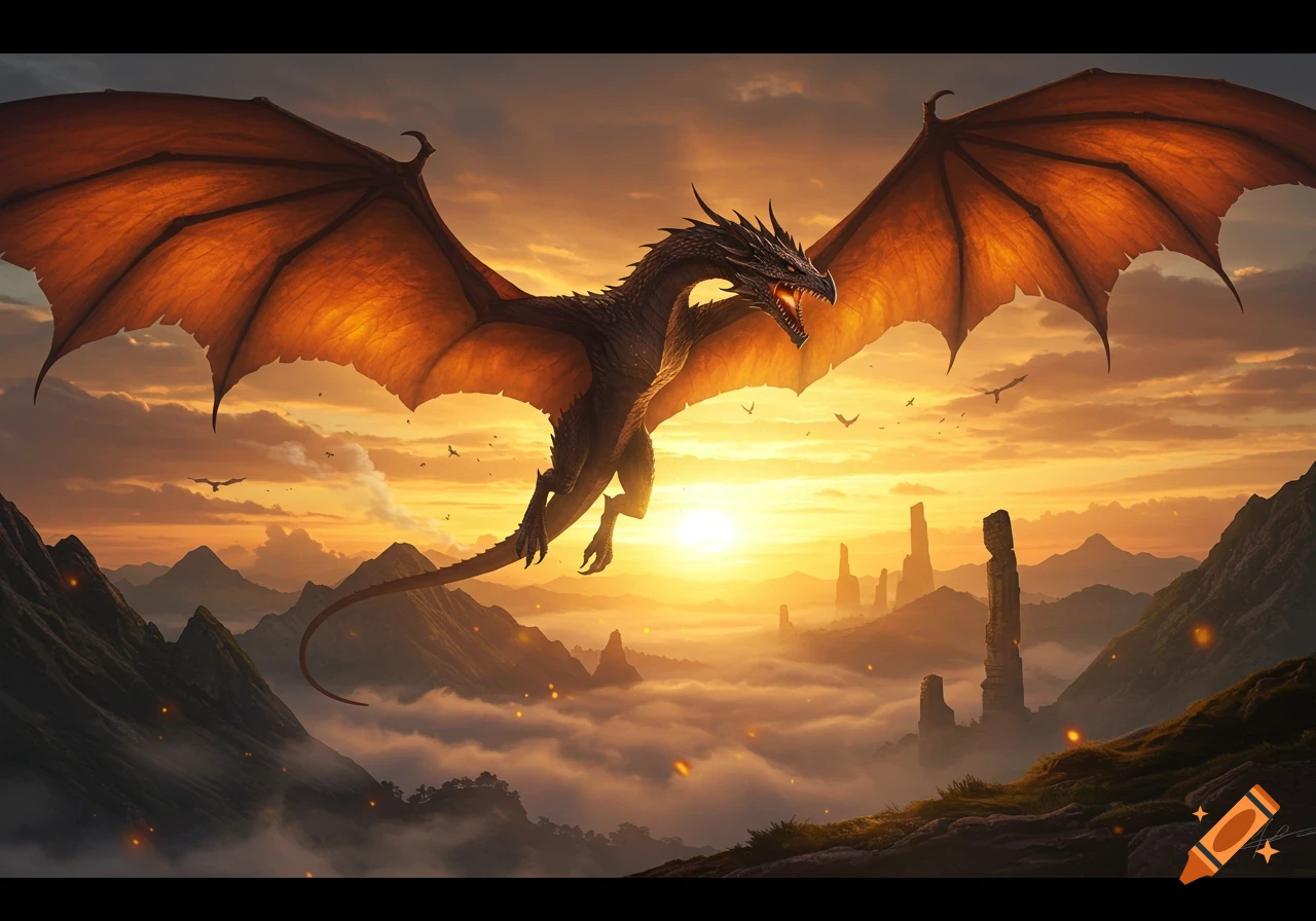 A black dragon with glowing orange wings flies over a mountainous landscape with clouds and a bright orange sunset.