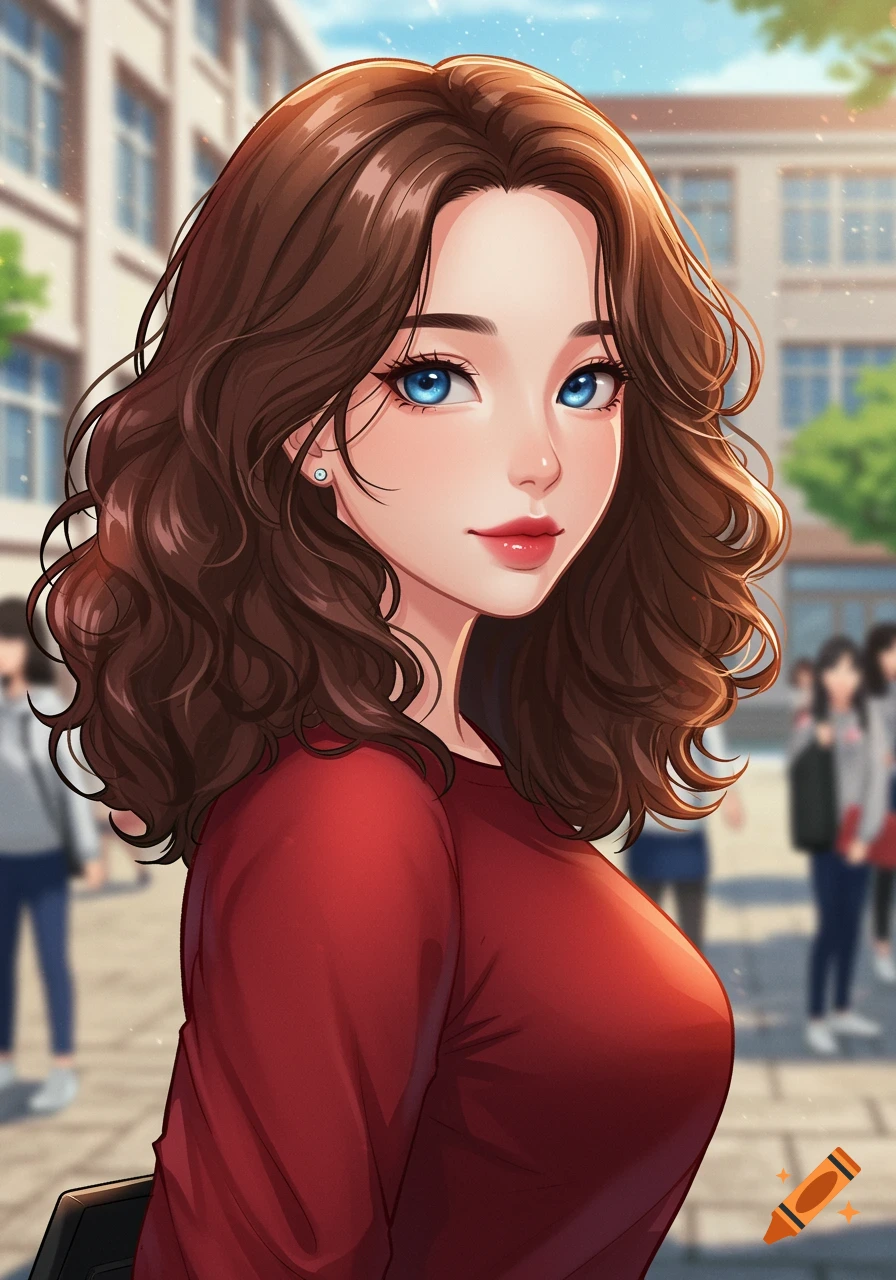 Anime-style portrait of a young woman with brown curly hair and blue eyes wearing a red top, standing in front of a school building.