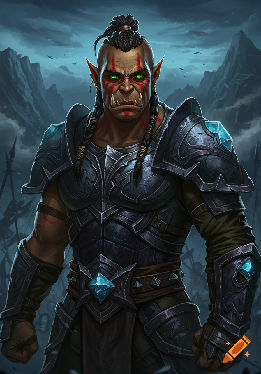 Powerful male orc warrior with green eyes and red war paint, wearing dark armored plates with glowing blue crystals.