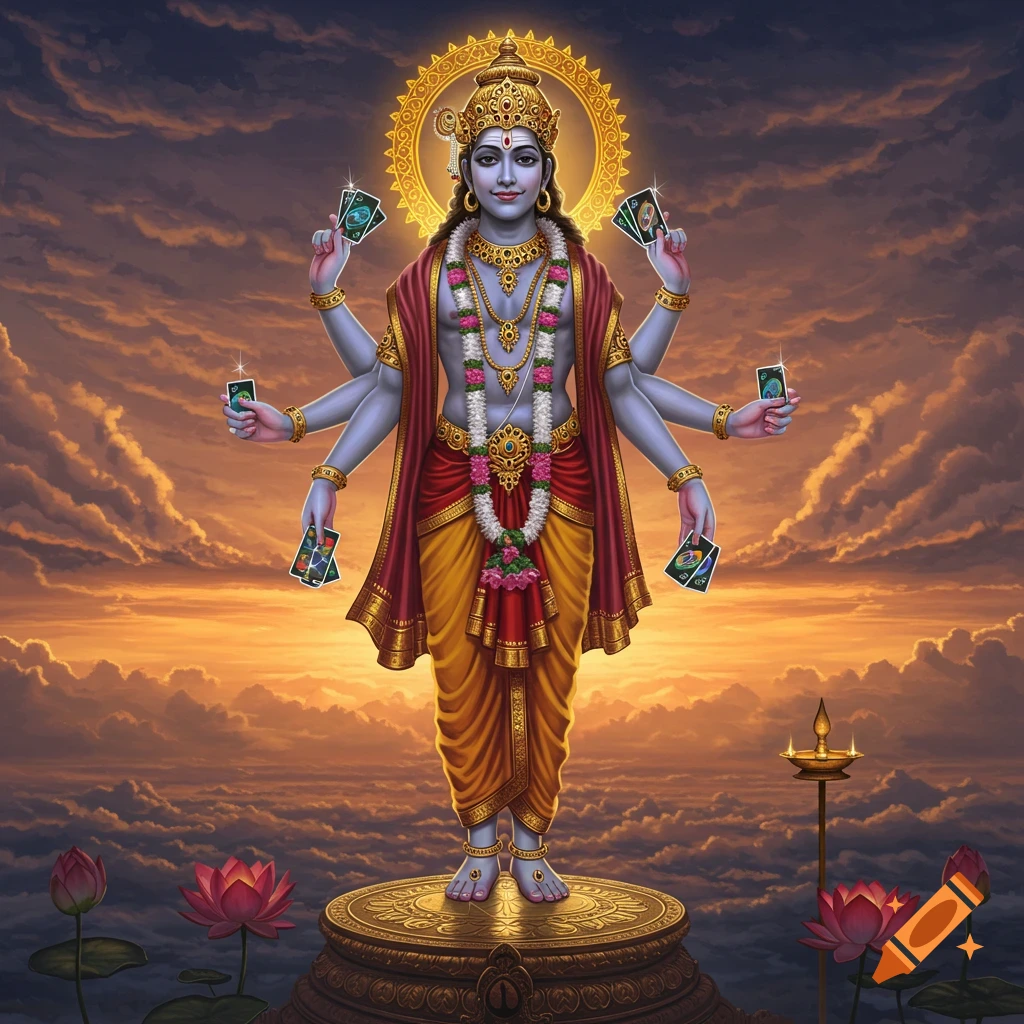 A multi-armed Hindu god, likely Vishnu, in traditional attire, stands on a golden pedestal amidst clouds at sunset, holding Uno reverse cards in each hand.