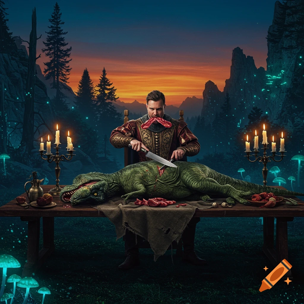 A man in medieval attire carves a large green dinosaur on a wooden table in a glowing, magical forest at dusk, surrounded by candles and mushrooms.