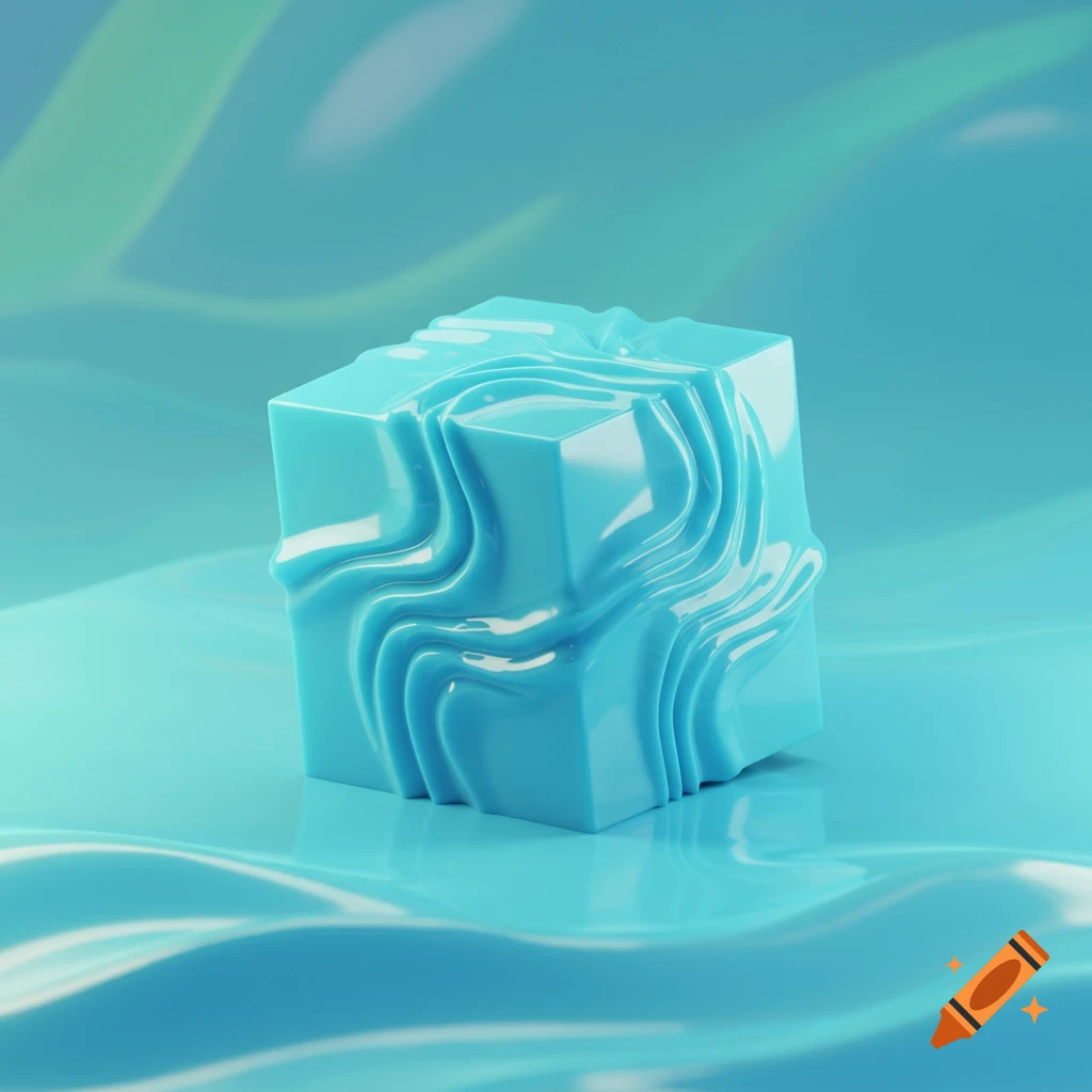 A glossy light blue cube with wavy indentations sits on a reflective wavy surface against a blue background, in a 3D render.