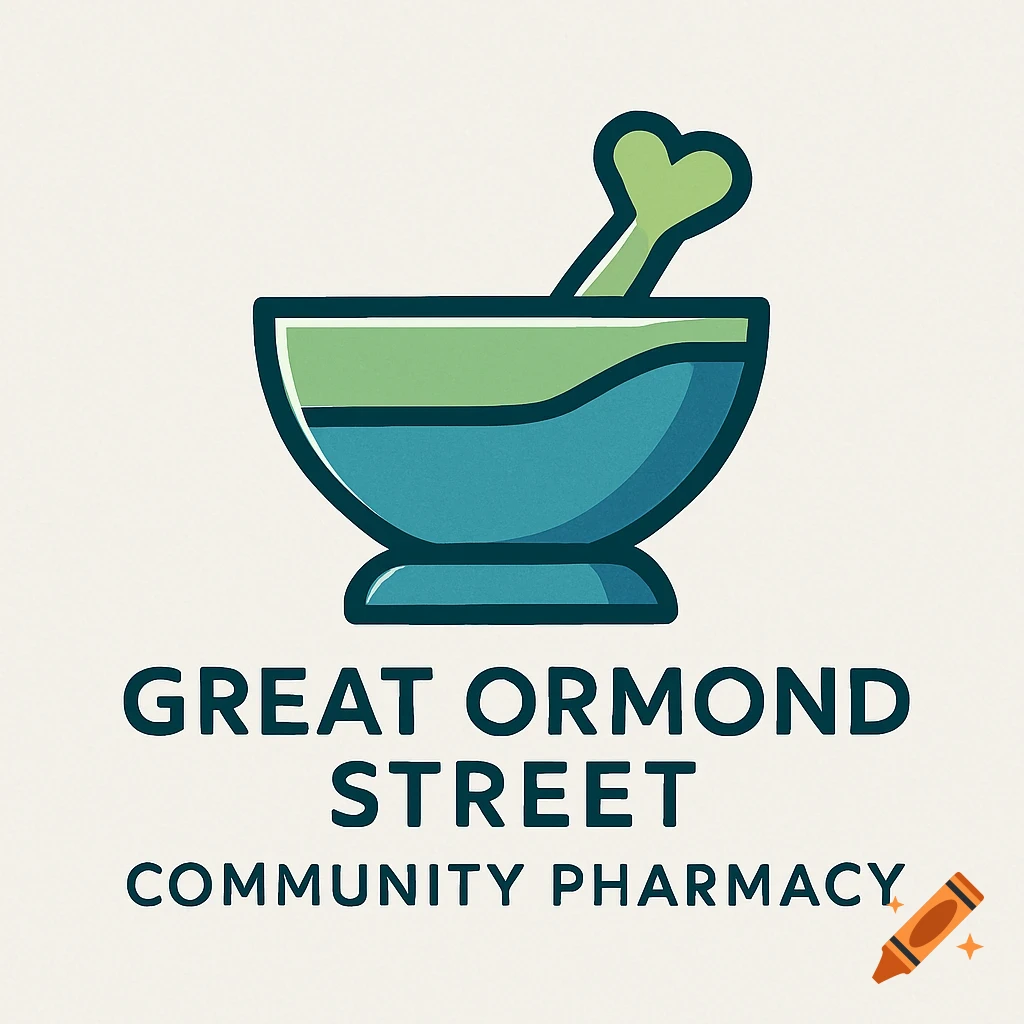A logo featuring a mortar and pestle above the words "GREAT ORMOND STREET COMMUNITY PHARMACY".