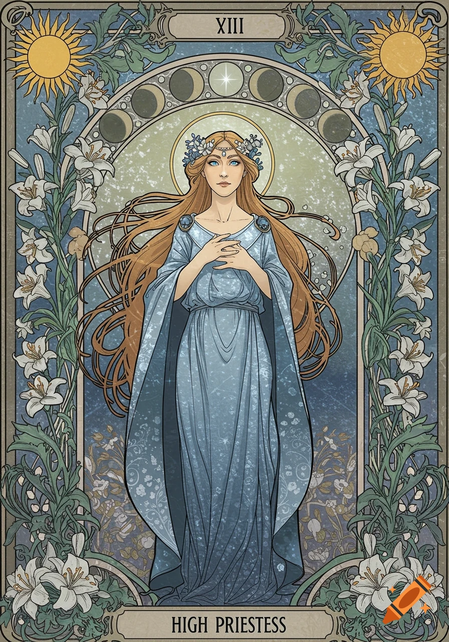 An Art Nouveau style tarot card of the High Priestess, featuring a woman with long red hair in a blue dress, surrounded by lilies, suns, and moon phases.