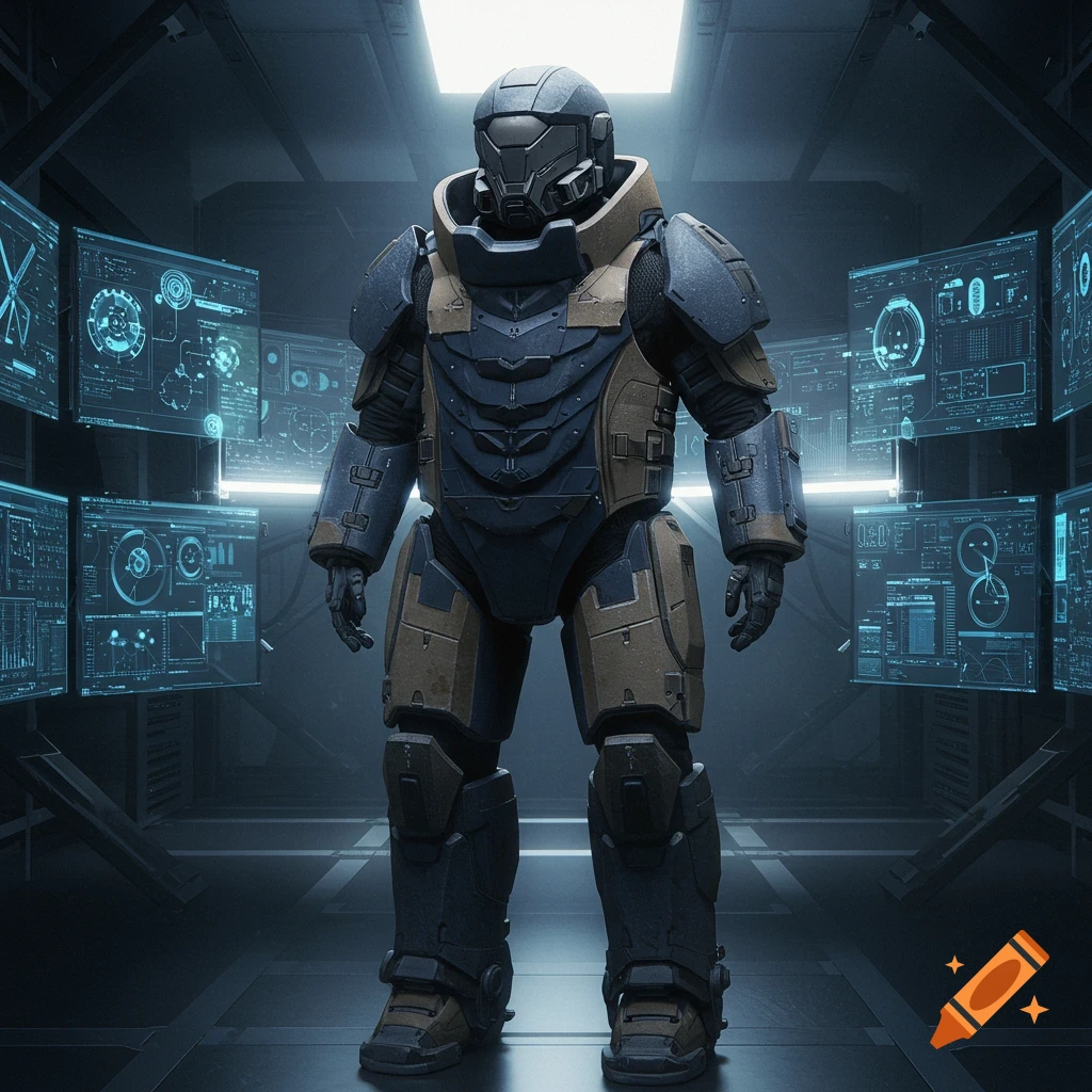 A heavily armored futuristic suit stands in a dark room surrounded by glowing holographic screens.