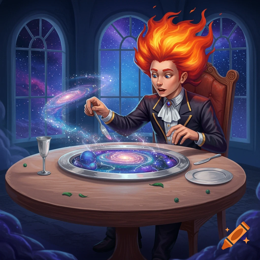 A ginger-haired person with fiery hair sits at a table, eating a swirling galaxy from a plate with a fork, with windows showing deep space.