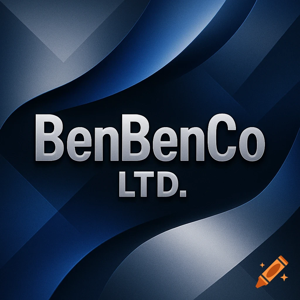 BenBenCo LTD. logo in metallic silver text on a sleek blue and gray abstract background.