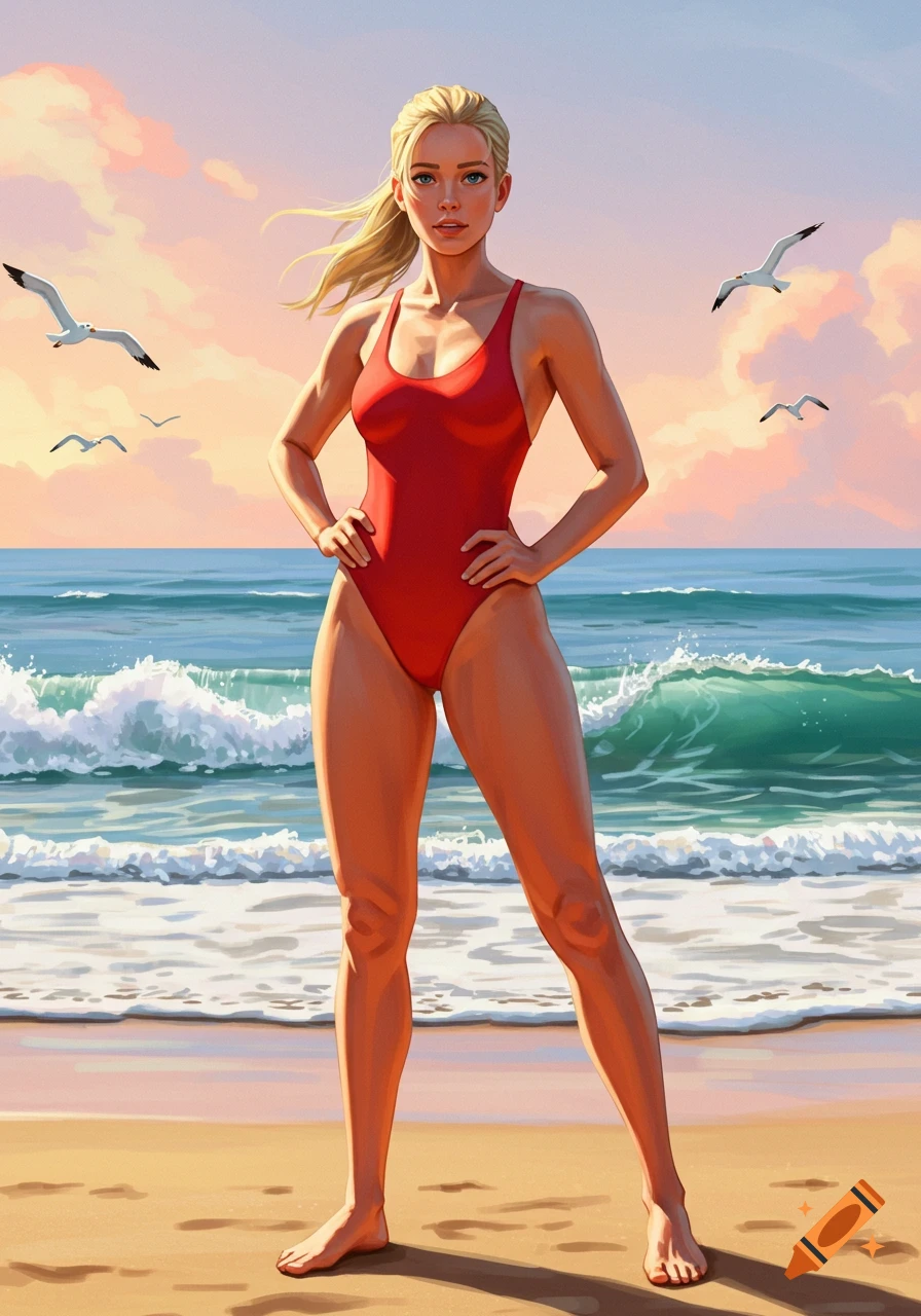 Blonde woman in red swimsuit stands on a beach with ocean waves and seagulls under a sunset sky, digital art.