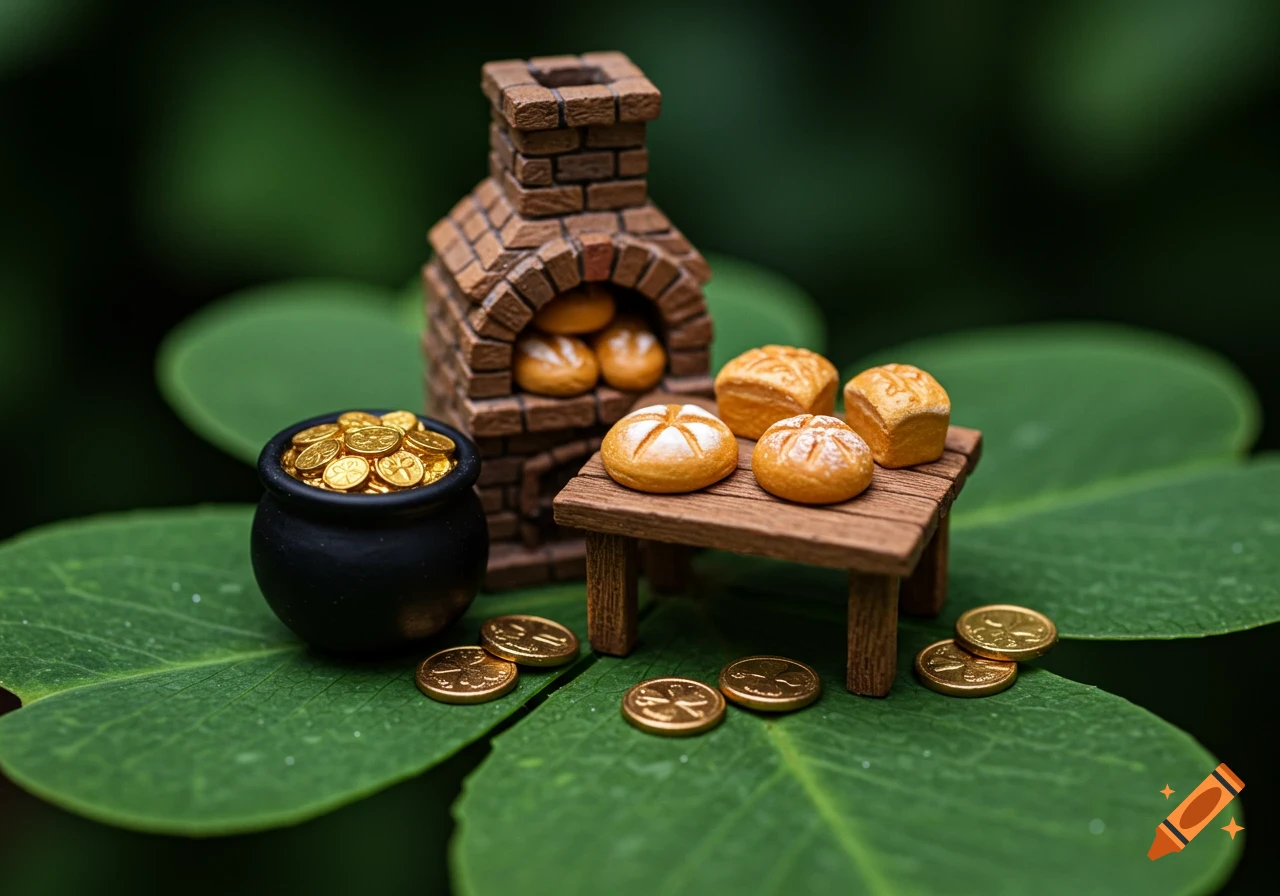 A photorealistic miniature scene on a green four-leaf clover with a black pot of gold coins, a brick oven, and loaves of bread on a wooden table.