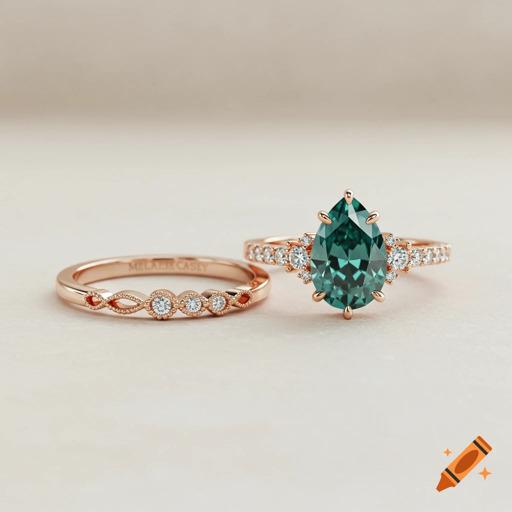 A close-up, photorealistic image of two rose gold rings: a simple band with small diamonds and a pear-shaped greenish-blue sapphire ring with diamond accents.