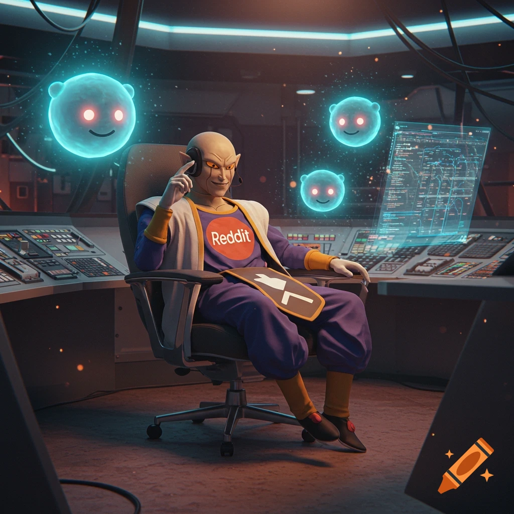 Babidi from Dragon Ball sits in a sci-fi control room, wearing a Reddit t-shirt, surrounded by floating blue Reddit Snoo heads.