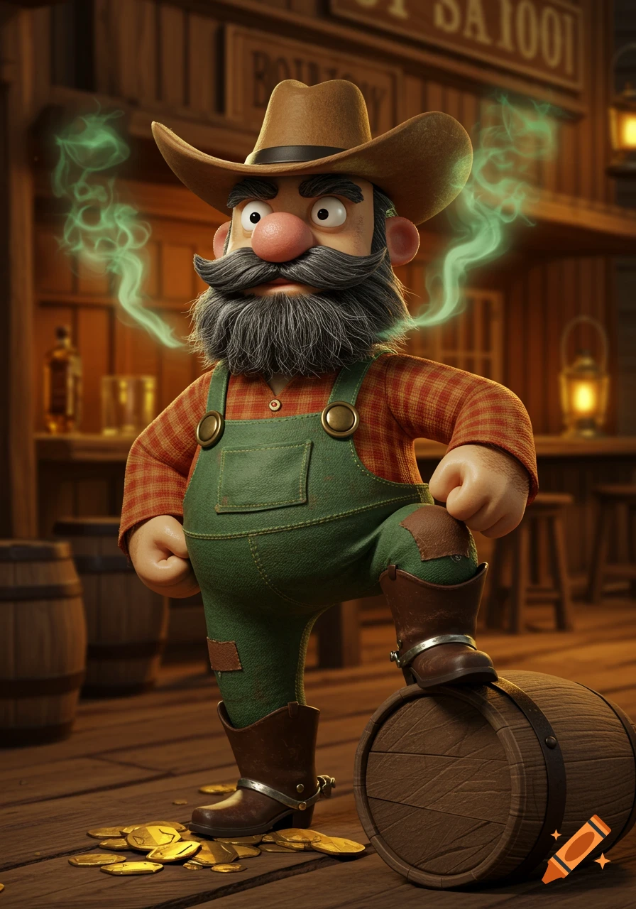 A cartoon prospector with a large beard and cowboy hat, wearing green overalls and a plaid shirt, stands with one foot on a barrel, surrounded by gold coins in a saloon.