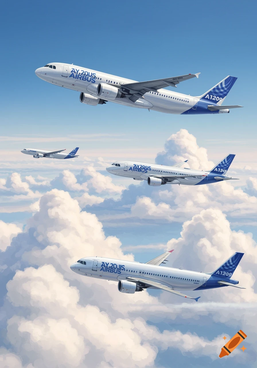A group of white and blue Airbus passenger planes flying in formation through a bright blue sky with white clouds.