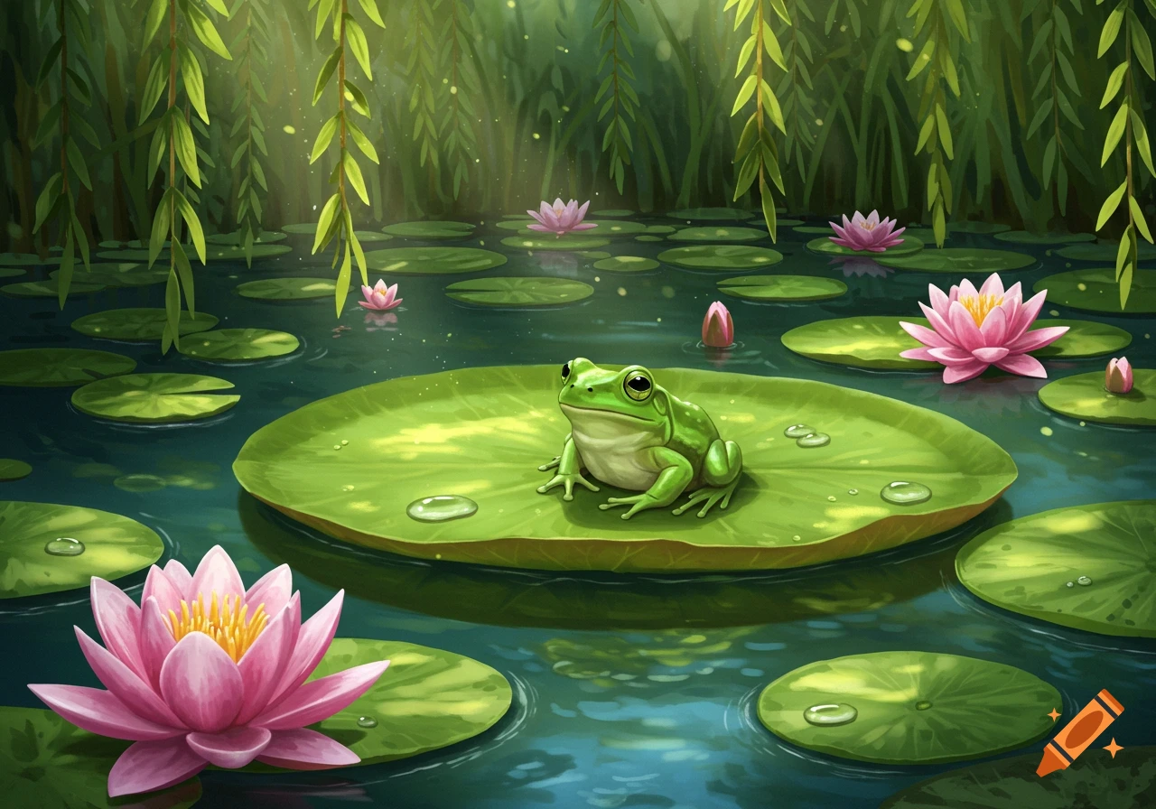 A vibrant green frog sits on a large lily pad surrounded by pink water lilies and willow branches in a serene pond, digital painting.