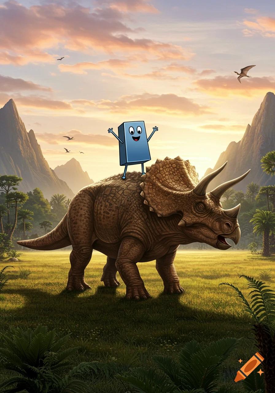 A happy blue rectangular cartoon character with arms and legs rides on the back of a large triceratops through a lush prehistoric landscape with mountains and a sunset sky.
