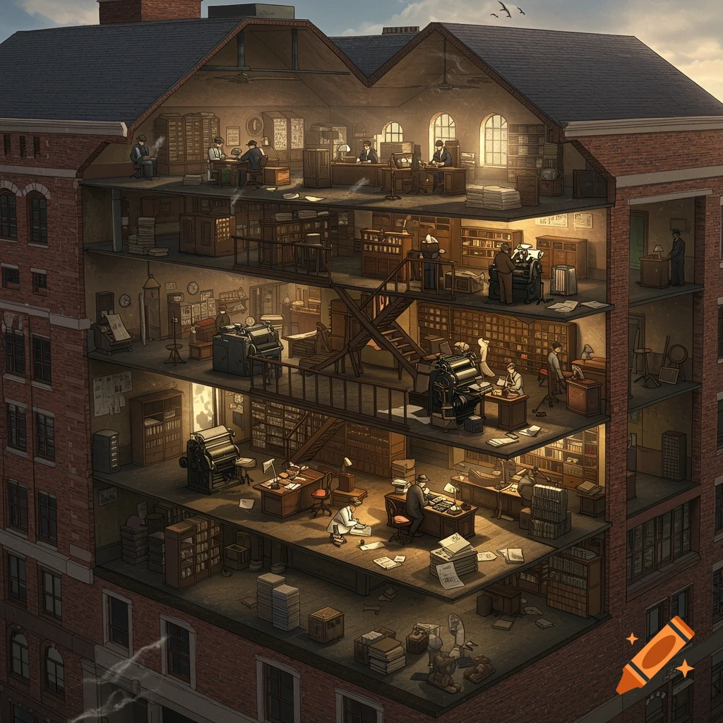 Detailed cutaway illustration of a multi-story vintage newspaper building, showing people working in various offices with desks, typewriters, and stacks of papers.