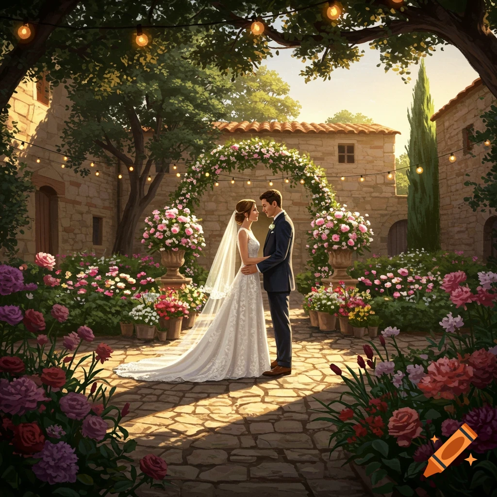 A newly married couple embraces in a beautiful garden courtyard with a flower archway and string lights.