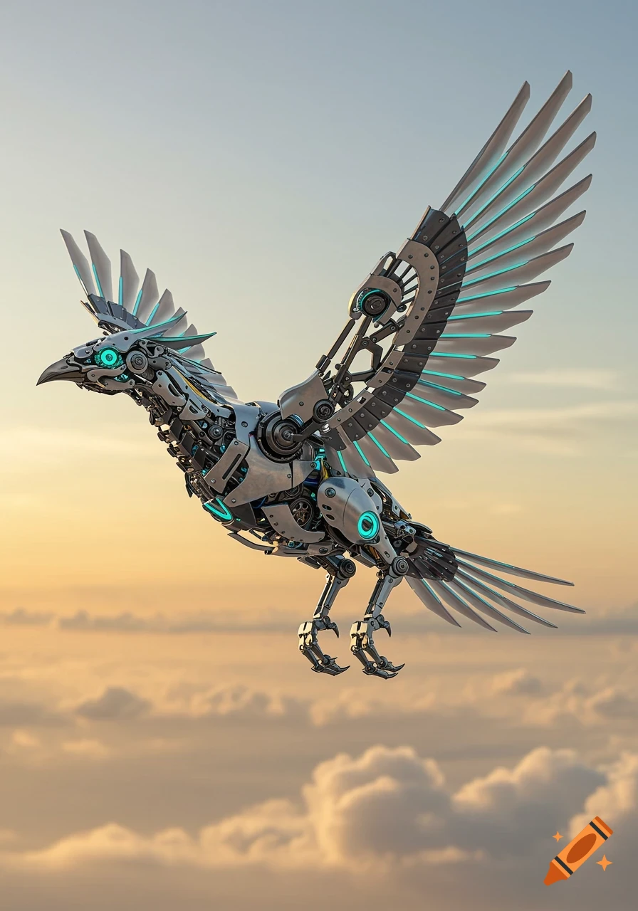 A sleek, futuristic robotic bird with silver and blue accents flies through a cloudy sky during sunset.