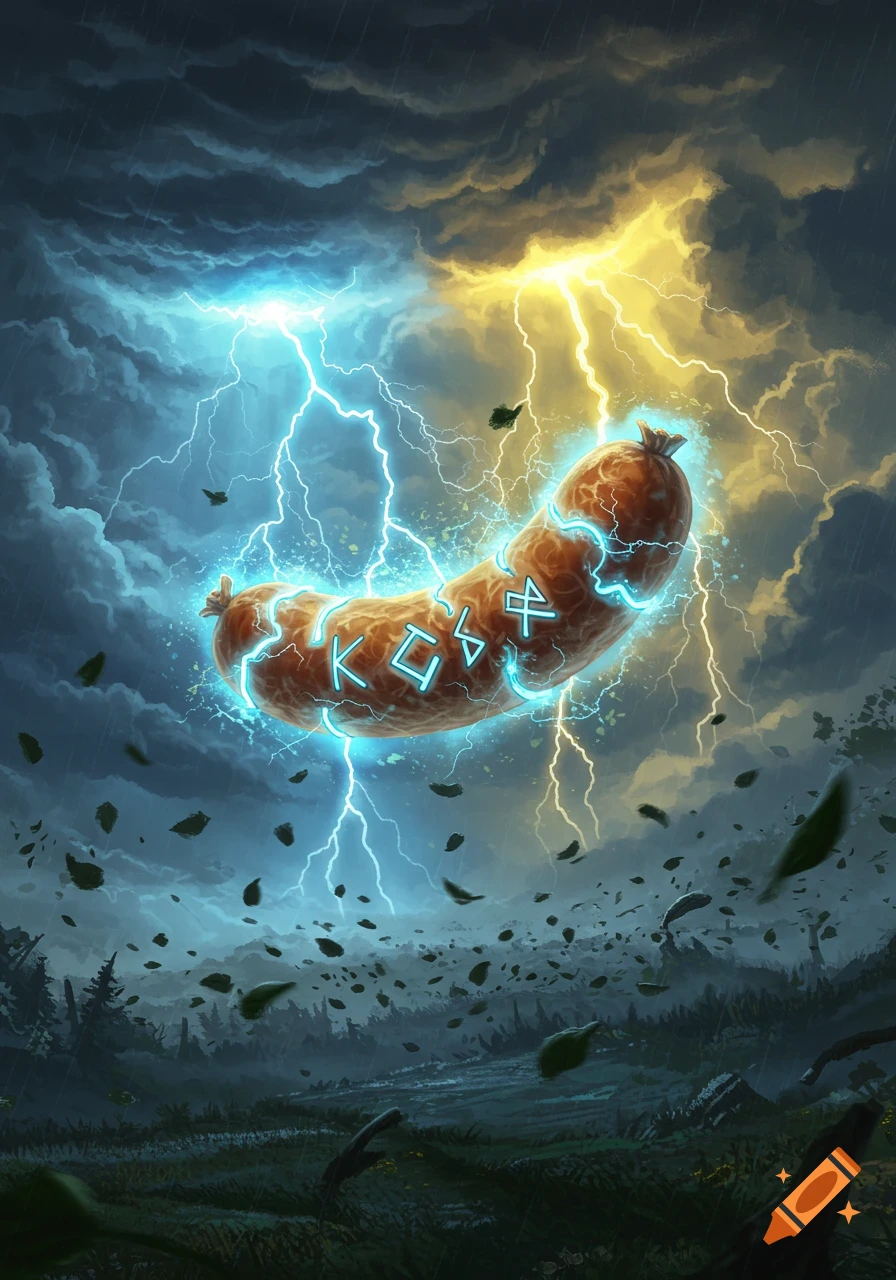 A gigantic, glowing bratwurst with runes floats in a dramatic storm sky with blue and yellow lightning over a dark, leafy landscape.