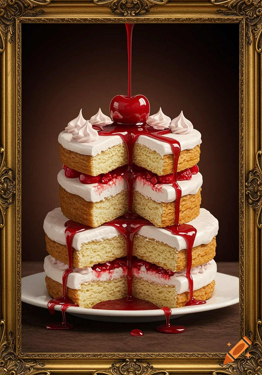 A multi-layered cake with white frosting, cherry, and red syrup dripping, in a gold ornate frame.