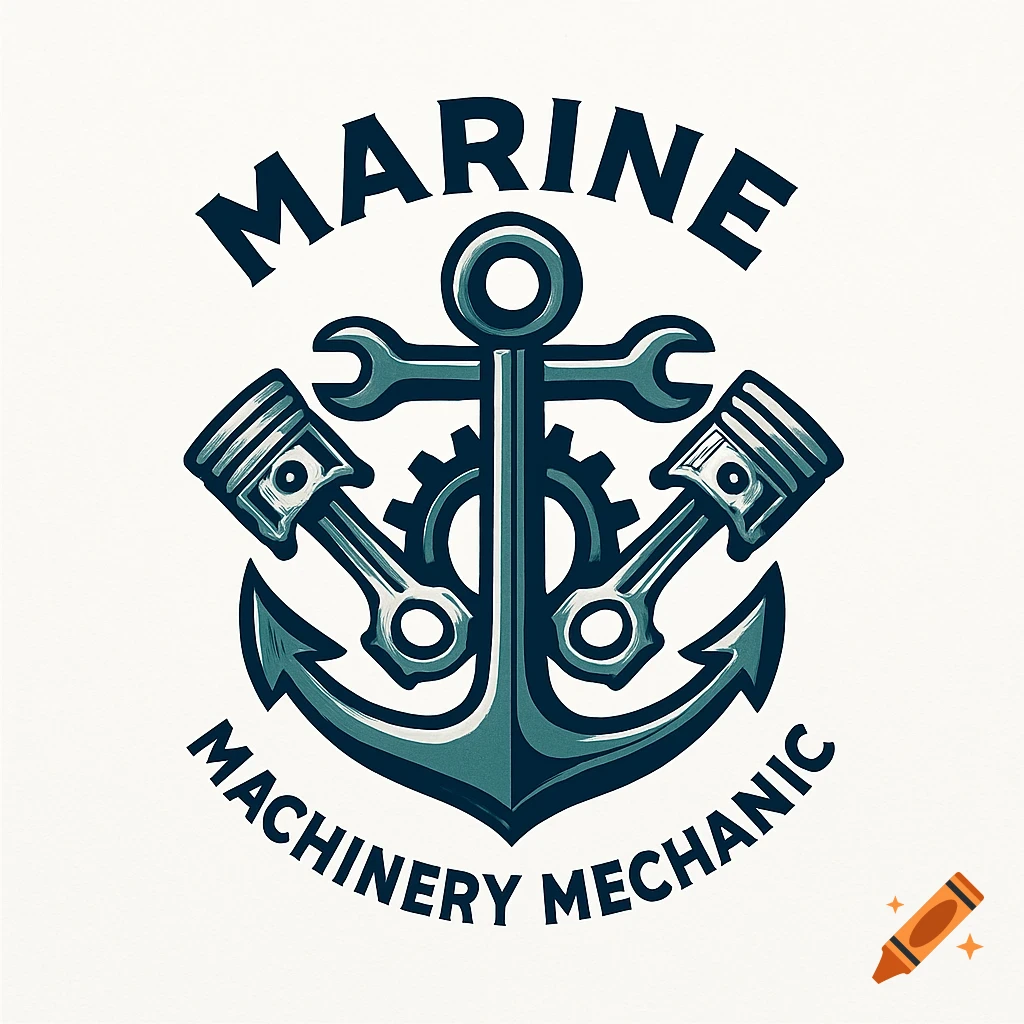 A logo for a Marine Machinery Mechanic, featuring an anchor, a wrench, gears, and two pistons with text.