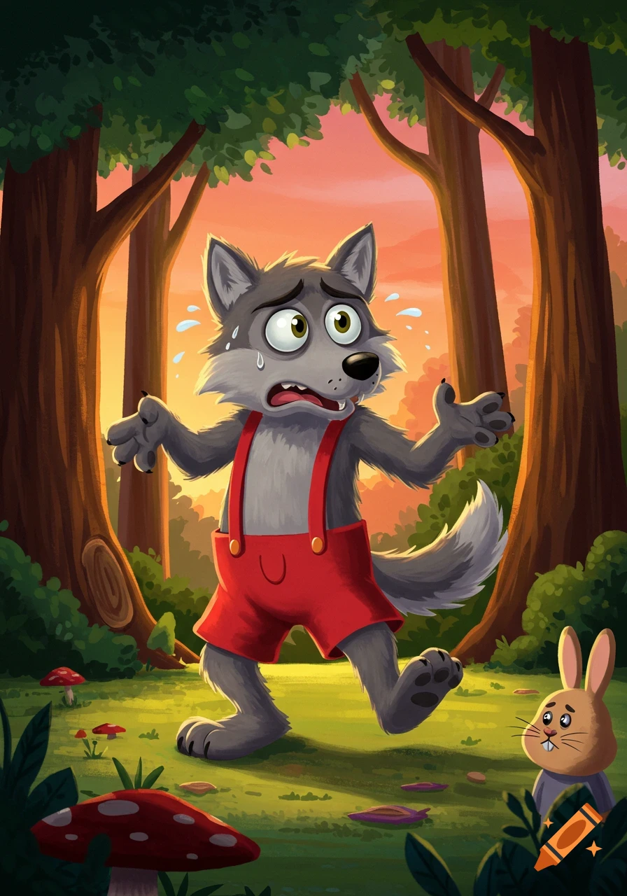 A cartoon wolf in red overalls looks distressed in a vibrant forest with large trees and mushrooms. A small brown bunny watches nearby.