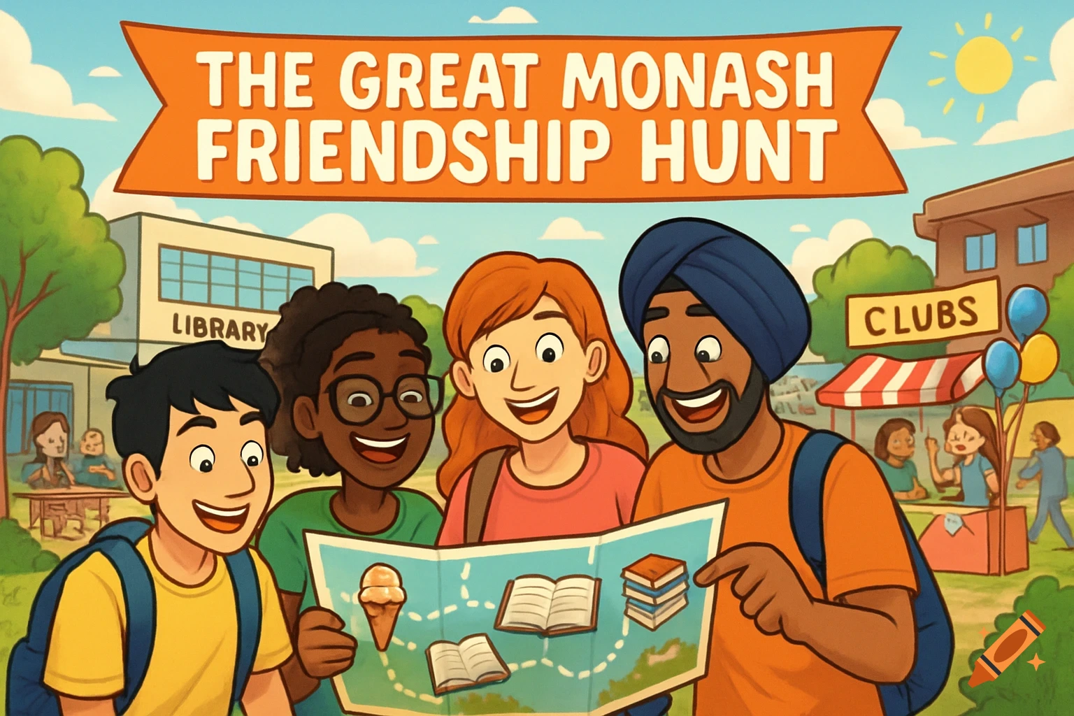Cartoon illustration of diverse university students on a sunny campus looking at a map for 'The Great Monash Friendship Hunt'.
