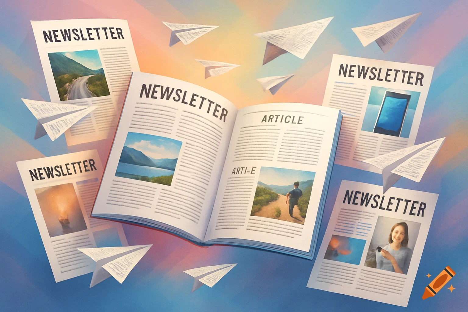 An open book with articles and various newsletters surrounded by flying paper airplanes, against a colorful gradient background.