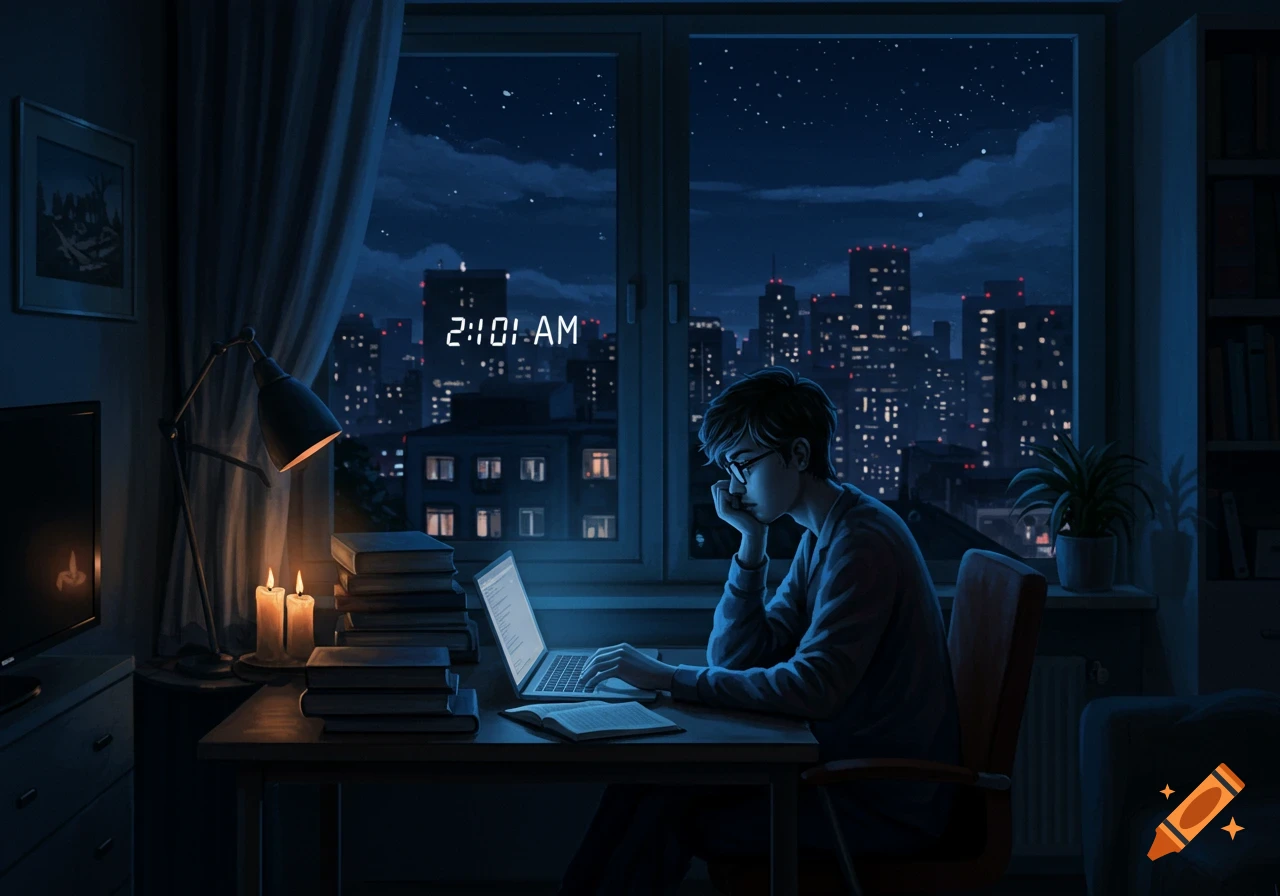 A person works on a laptop in a dark room late at night, with a digital clock in the window showing 2:01 AM and a city view.