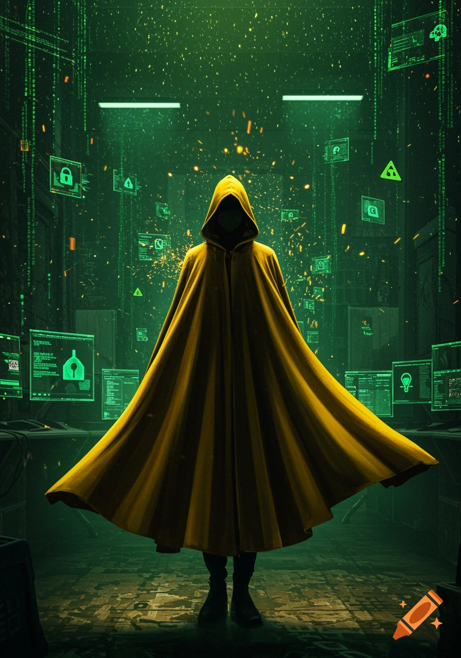 A hooded figure in a yellow cloak stands in a dark, green-lit digital environment with floating screens and code. Futuristic, cyberpunk style.