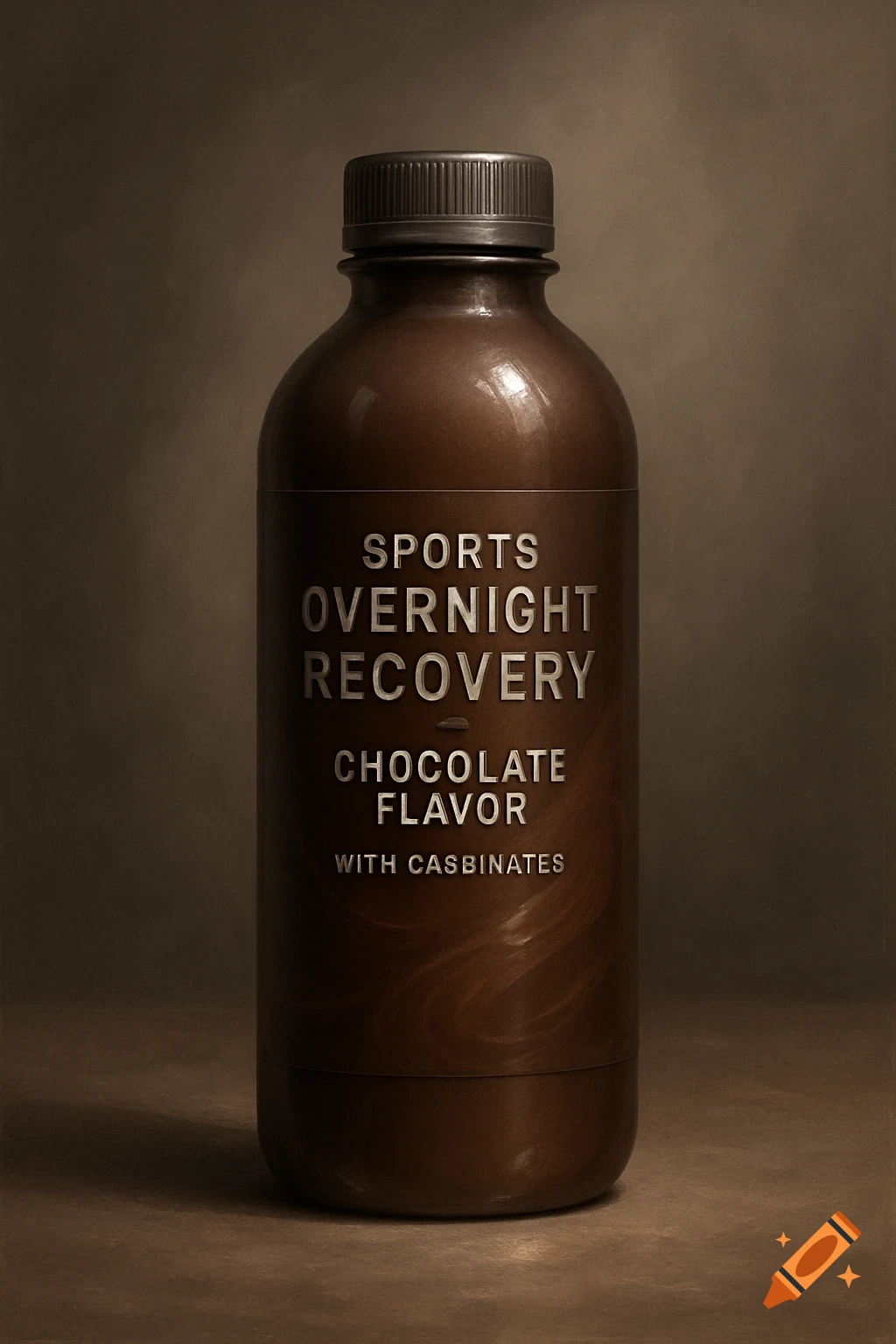 A dark brown bottle labeled "Sports Overnight Recovery Chocolate Flavor With Casbinates" stands against a muted brown background.