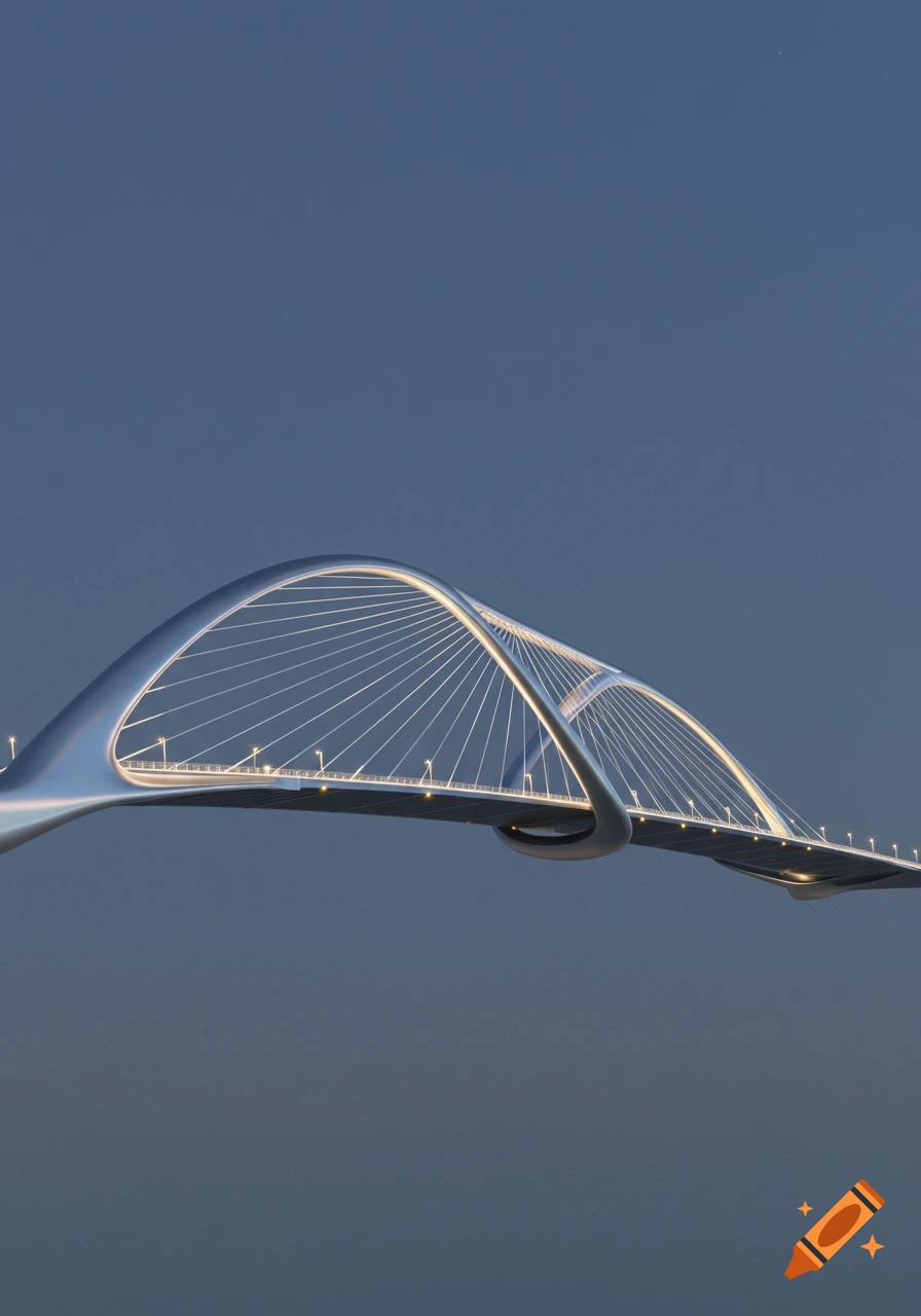 A sleek, modern bridge with graceful arches and illuminated streetlights against a deep blue sky.