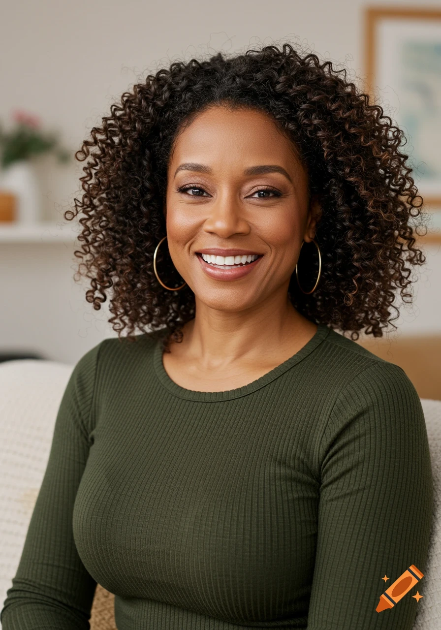 A smiling African American woman with curly hair and hoop earrings, wearing a green ribbed shirt, looks at the camera. Photorealistic.