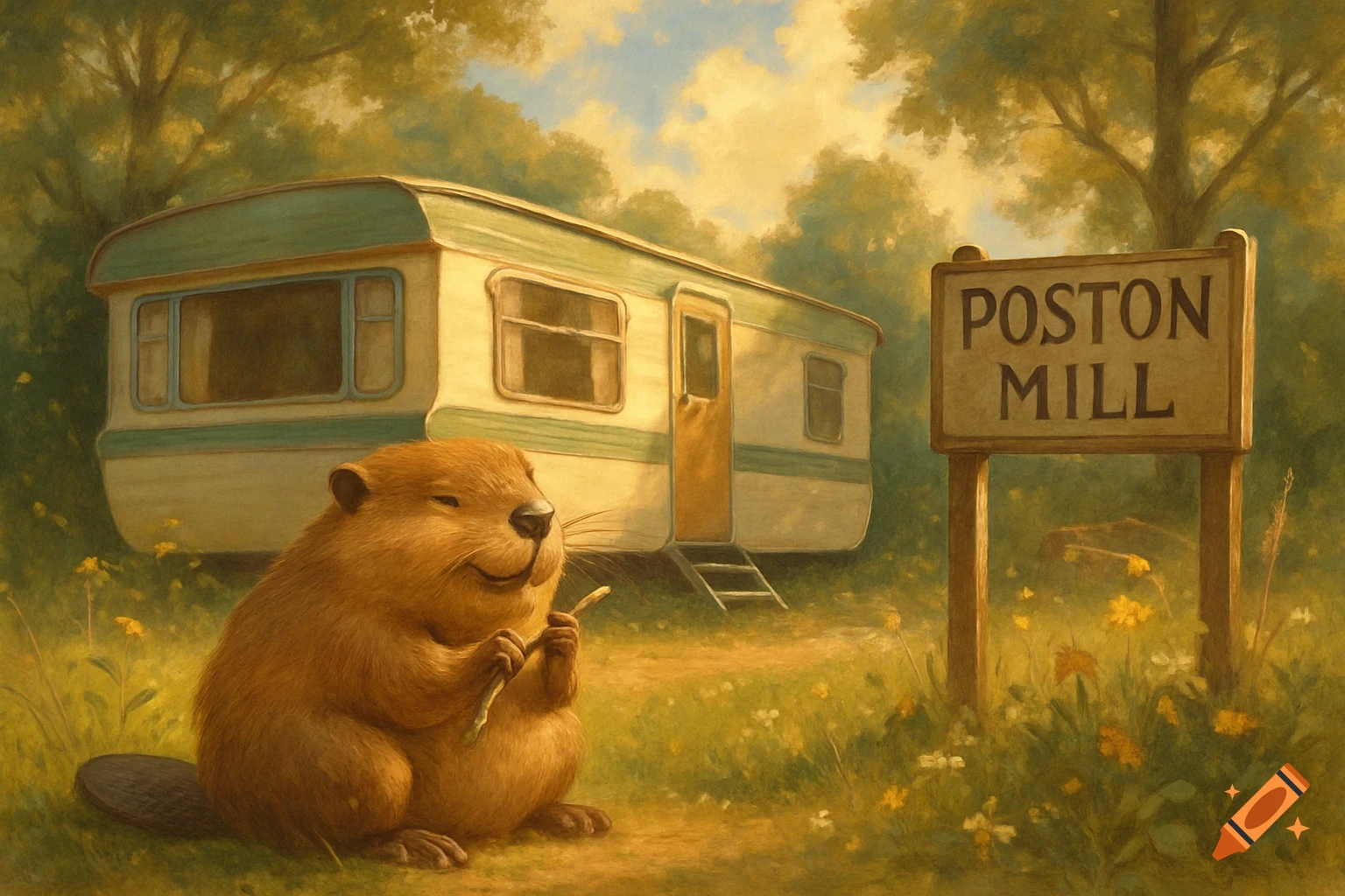 A brown beaver sits on the grass, eating a stick, in front of a static caravan and a 'POSTON MILL' sign in a painterly style.