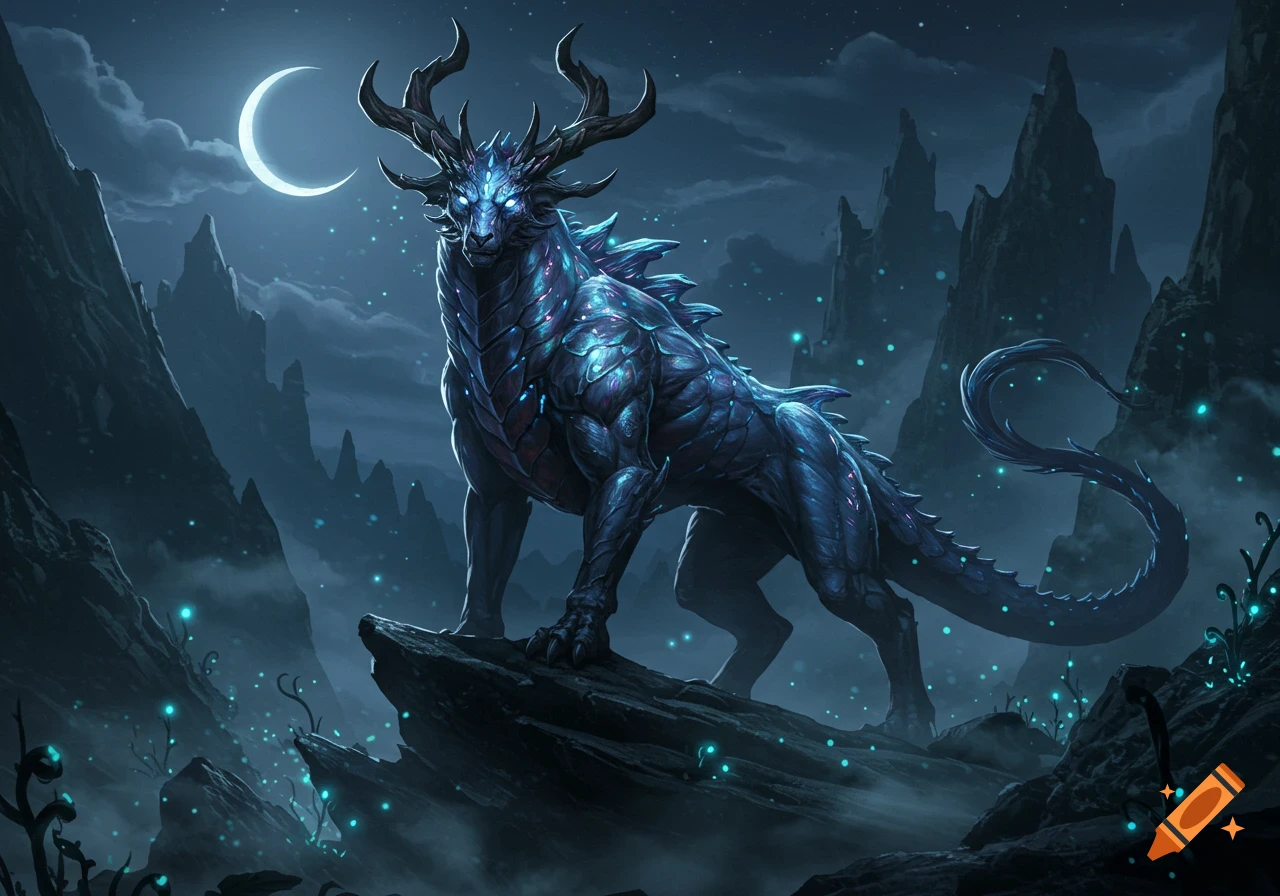 A majestic blue glowing fantasy beast with antlers stands on a rock under a crescent moon in a dark, mystical, mountainous landscape.