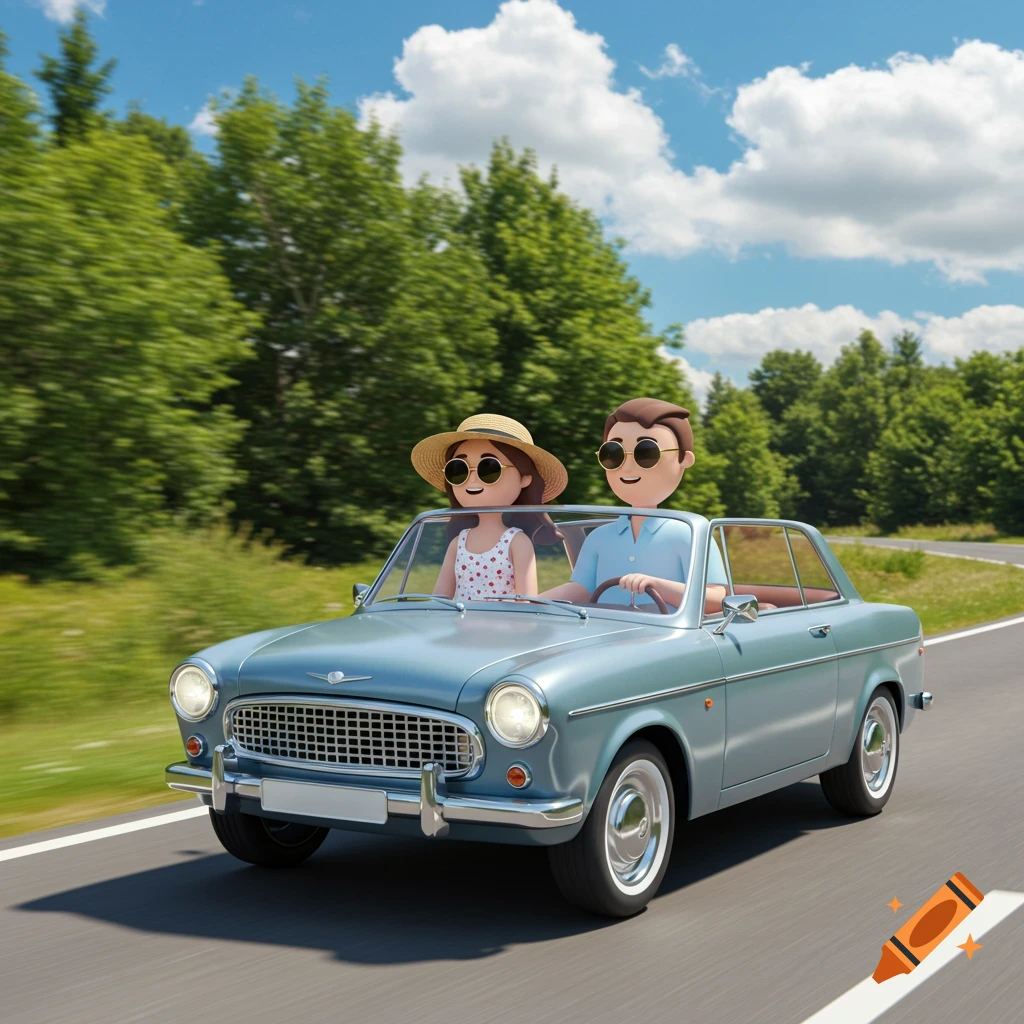 Two stylized cartoon characters in sunglasses driving a light blue classic car on a winding road through a green forest on a sunny day.