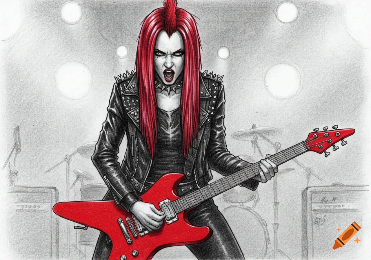A pencil sketch of a fierce rockstar girl with long red hair, wearing a black outfit and playing a red electric guitar on stage.