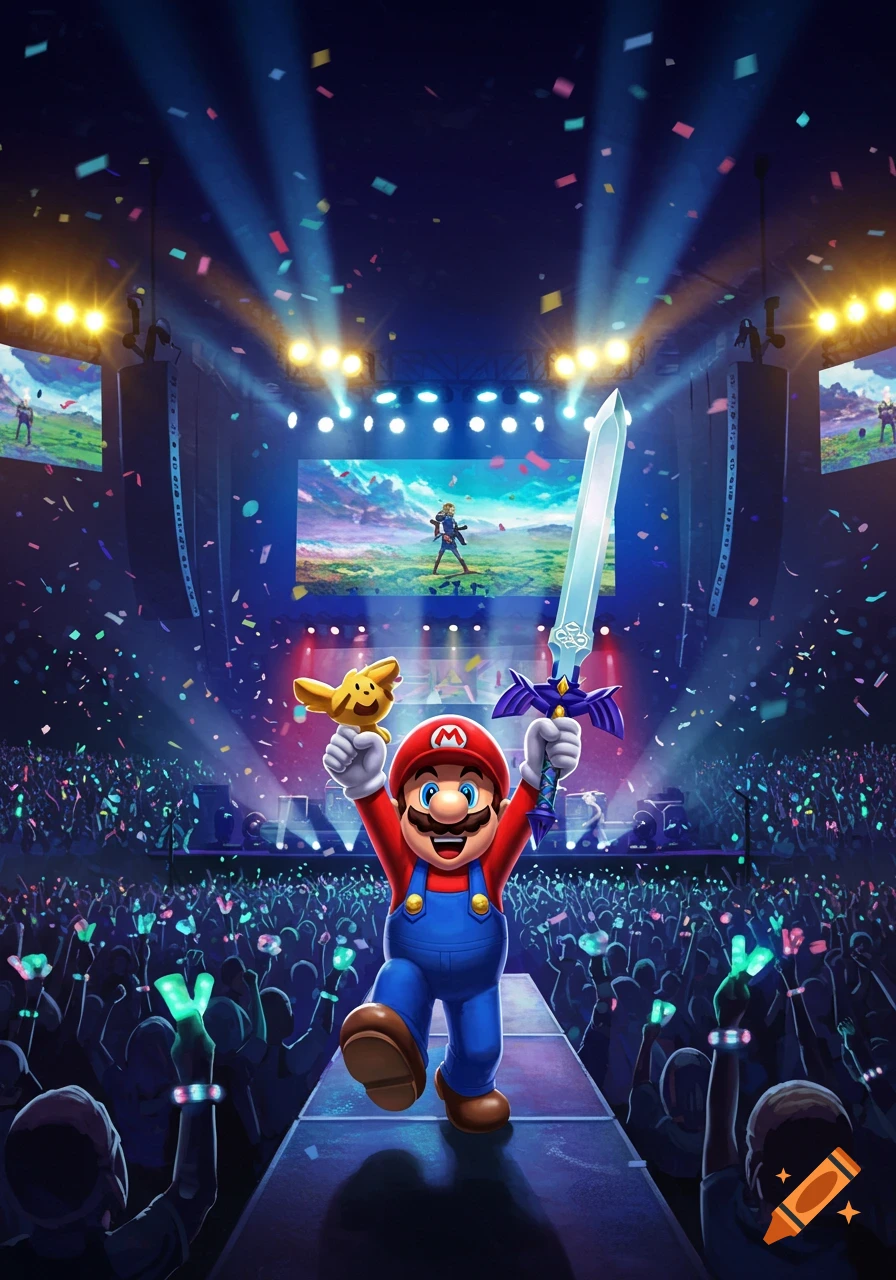Mario on stage holding a Master Sword and a Pikachu figure, cheering to a large concert crowd with screens displaying Link.